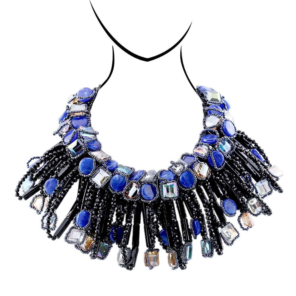 HAHA&TOTO New Arrived Luxury Blue Stones Crystal Beads Strands Necklace Statement Chokers Chunky Bib Necklace for Women Party