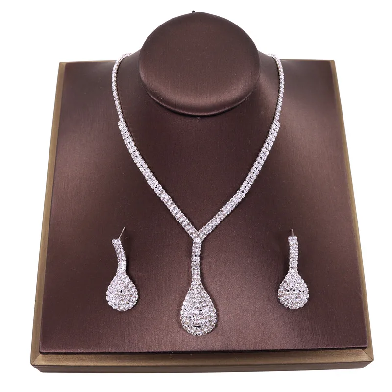 Exquisite Fashion Simple Cubic Zirconia Shiny Crystal Women Earrings Necklace Set For Brides Wedding Costume Jewelry Set