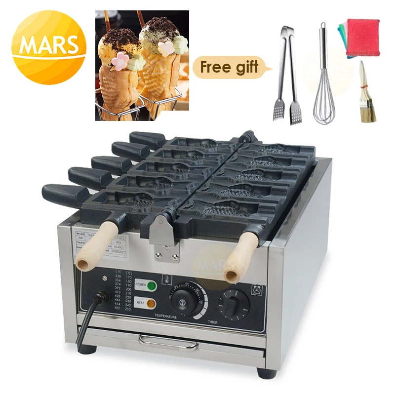 

Snack Machine Japanese Open Mouth Ice Cream Taiyaki Machine 5pcs Fish-Shaped Waffle Cone Maker Non-Stick Electric Oven 220V 110V