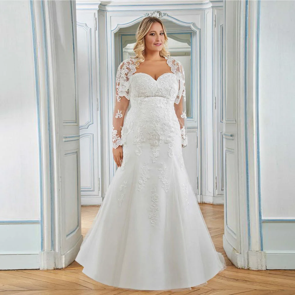 Traditional Plus Size Wedding Dress Bolero Jacket Sweetheart Sleeveelss Sweep Train Lace Mermaid Bridal Gown Robe De Mariee