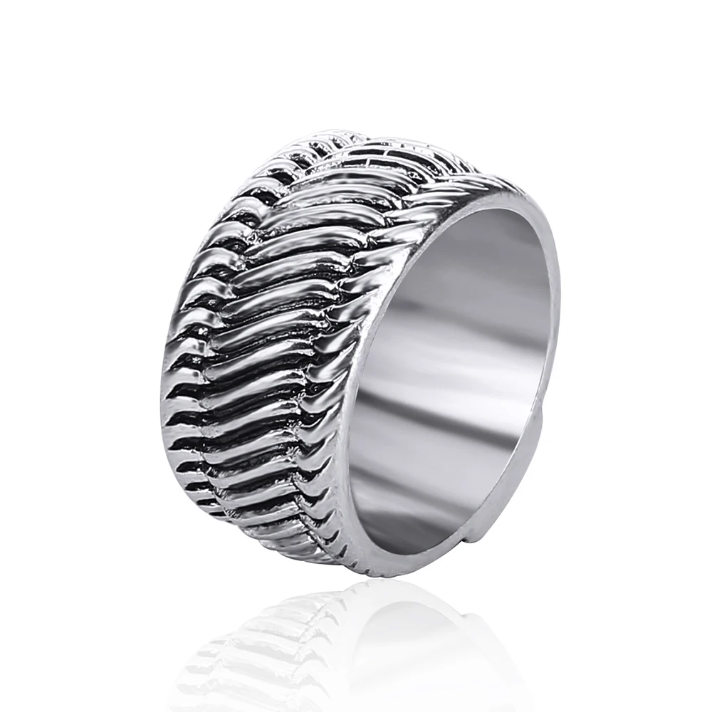 Ancient Silver color Fashion Tire Pattern Men\'s Buddha Chain Link Finger Ring Jewelry To Women Gifts Punk Biker Wide Chain Ring