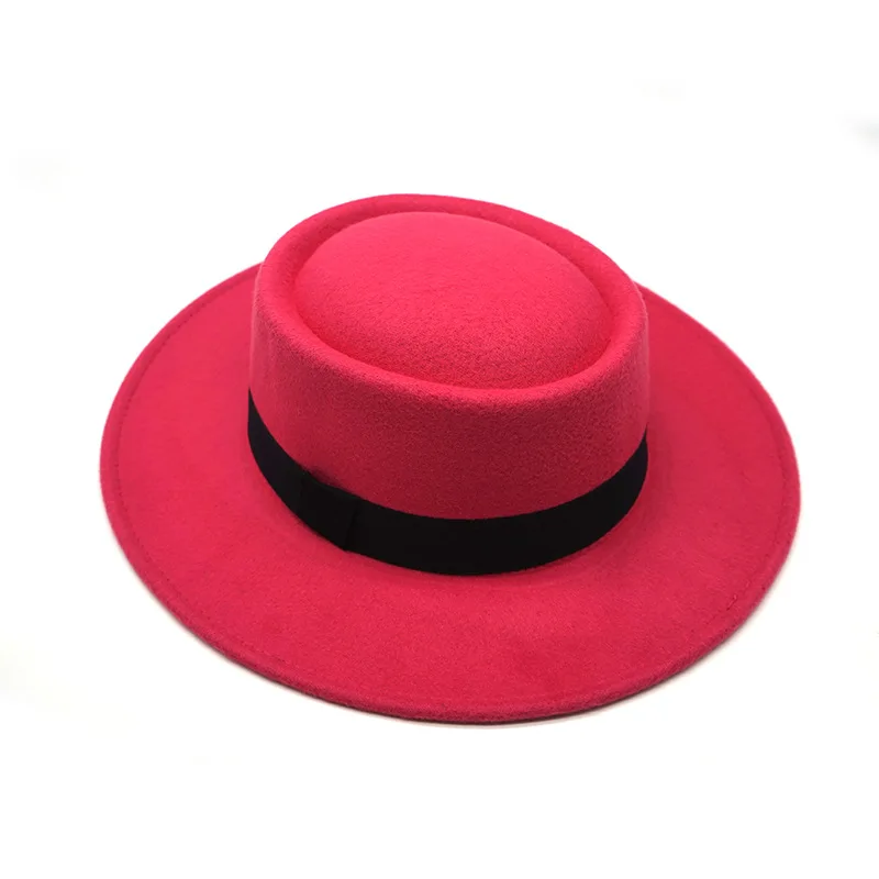 Red fedora hat men\'s flat top hat ladies felt jazz hat oval hat Panama new hip-hop fedora hat flat brim wholesale