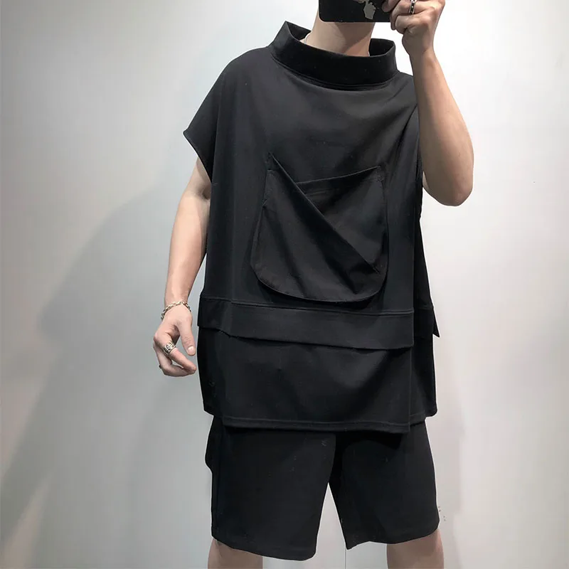 

Summer large dark loose irregular stitching designer solid stand collar T-shirt trendy bat sleeve hip-hop T-shirt