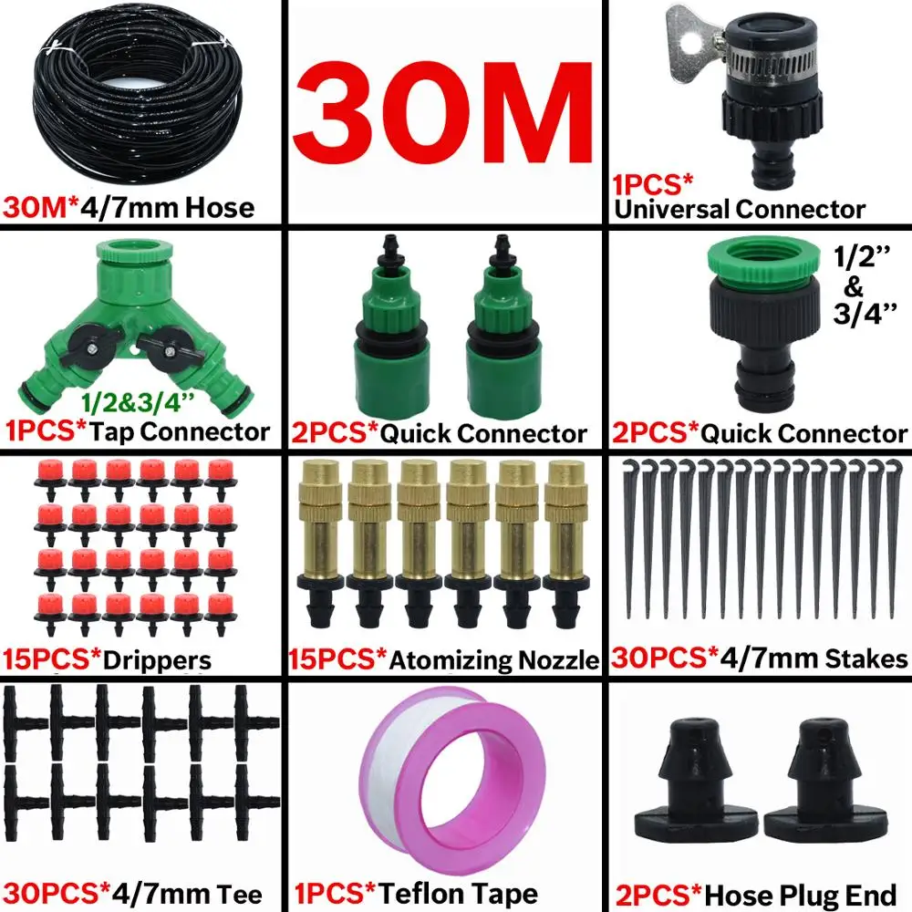 KESLA 5M-30M Garden Greenhouse Drip Irrigation System Watering Kit w 1/4\'\' PVC Hose Misting Nozzle Sprinkler Dripper Tee Adaptor