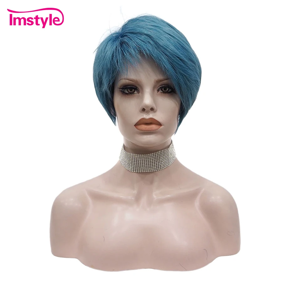 

Imstyle Short Synthetic Wig Blue Green Purple Red Blonde Wigs For Women Puffy Straight Hair Female Haircut Daily Cosplay Wig