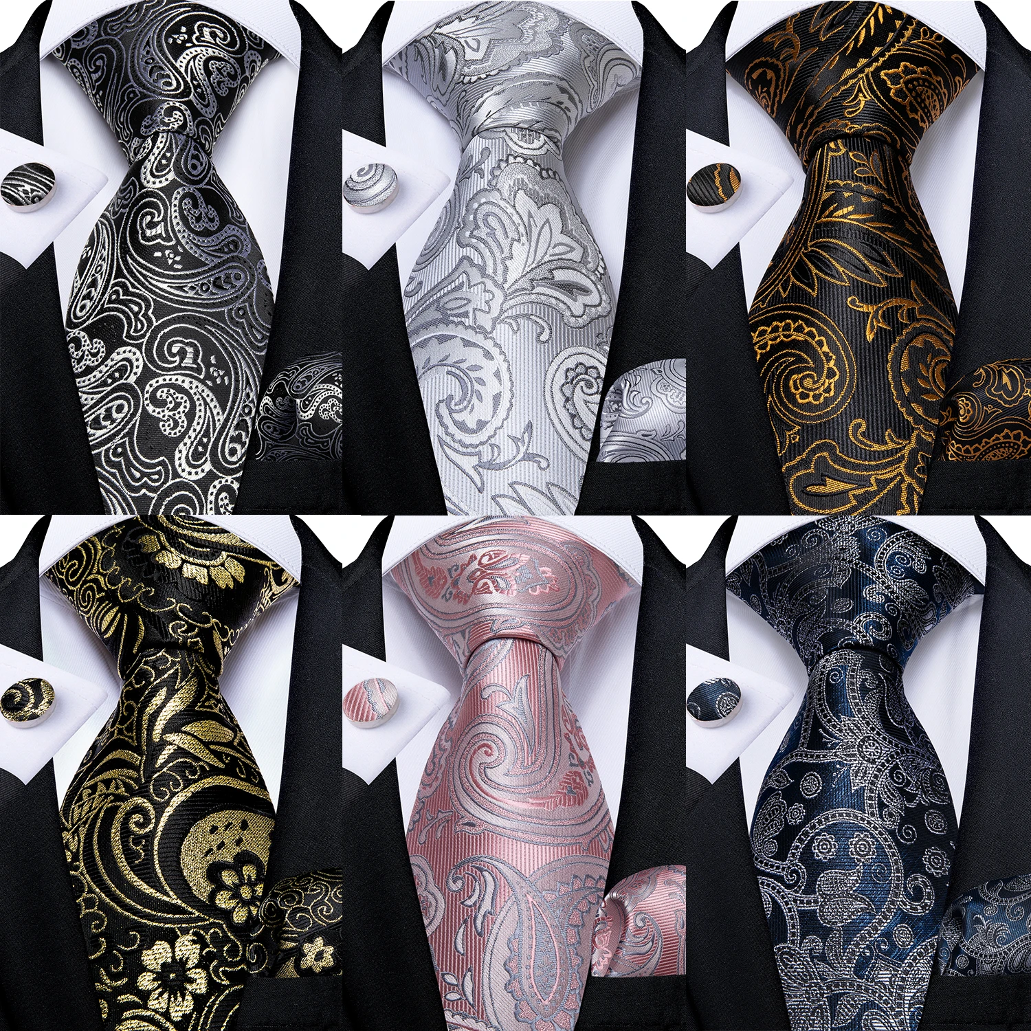 Black And Silver Paisley Floral Men's Ties Gray Blue Pink Wedding Accessories Neck Tie Set Handkerchief Cufflinks Gift For Men