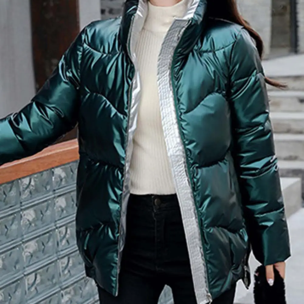 Side Zipper High Low Hem Women Coat Bright Surface Winter Women Stand Collar Puffer Jacket Outerwear