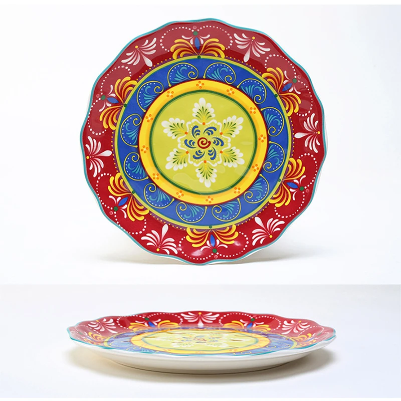 8 Inch Ceramic Plate Round Hand-Painted Flower Tableware  Fruit Salad Dishe Household Combination Plate Set Decorative Tableware