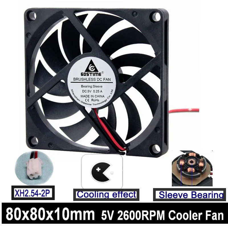 

2pcs/lot Gdstime DC 5volt 2Pin 8010 Axial Flow Cooling Fan 80mm 80*80*10mm 8cm Cooler