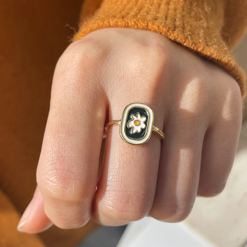 Anello di camomilla margherita verde Vintage smalto fatto a mano fiore adorabile fiore per le donne ragazze gioielli da festa coreano alla moda 2022