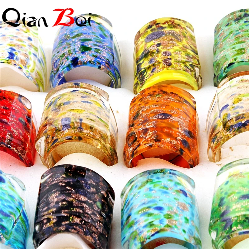 QianBei Wholesale 12Pcs/Lot Fashion Art Painting Pattern Series Murano Lampwork Glass Crystal Charm Men Women Rings Free Ship