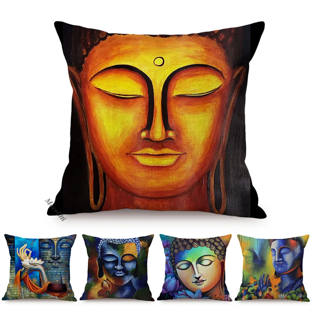 Religion Style Decoration Gautama Buddha Sakymuni Oil Painting Art Cushion Cover Buddhist Worship Style Sofa Pillow Case cojines