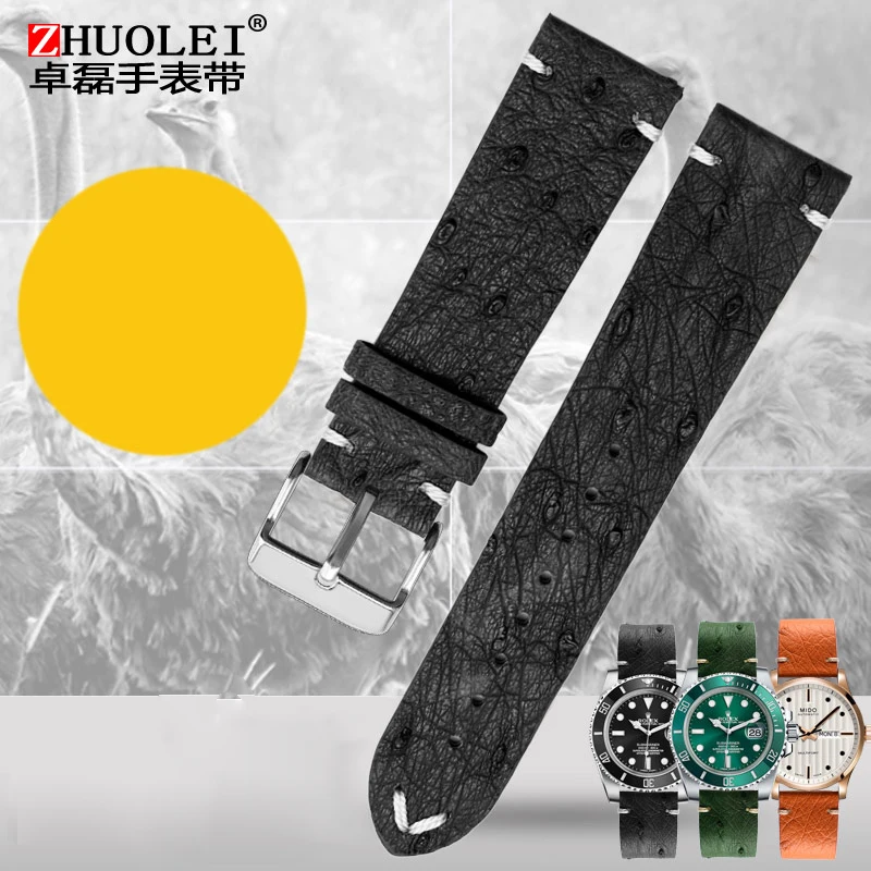 High Quality Ultra-thin soft handmade ostrich leather green general watch strap18 20mm 22mm Orange brown black watch straps Men