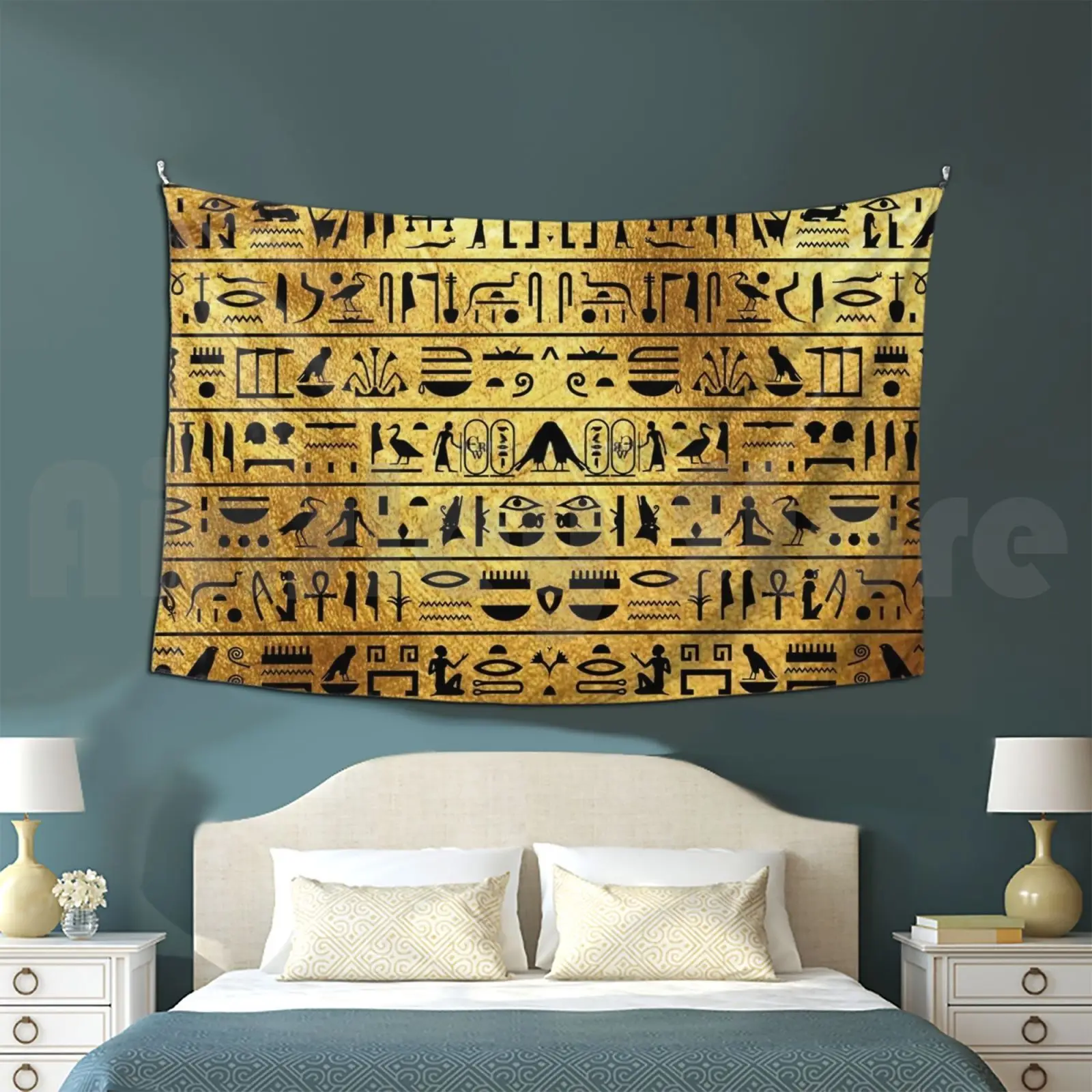 Gold And Black Hieroglyphics Tapestry Living Room Bedroom 2235 Sphinx Giza Pyramid Khufu Cairo King Tut