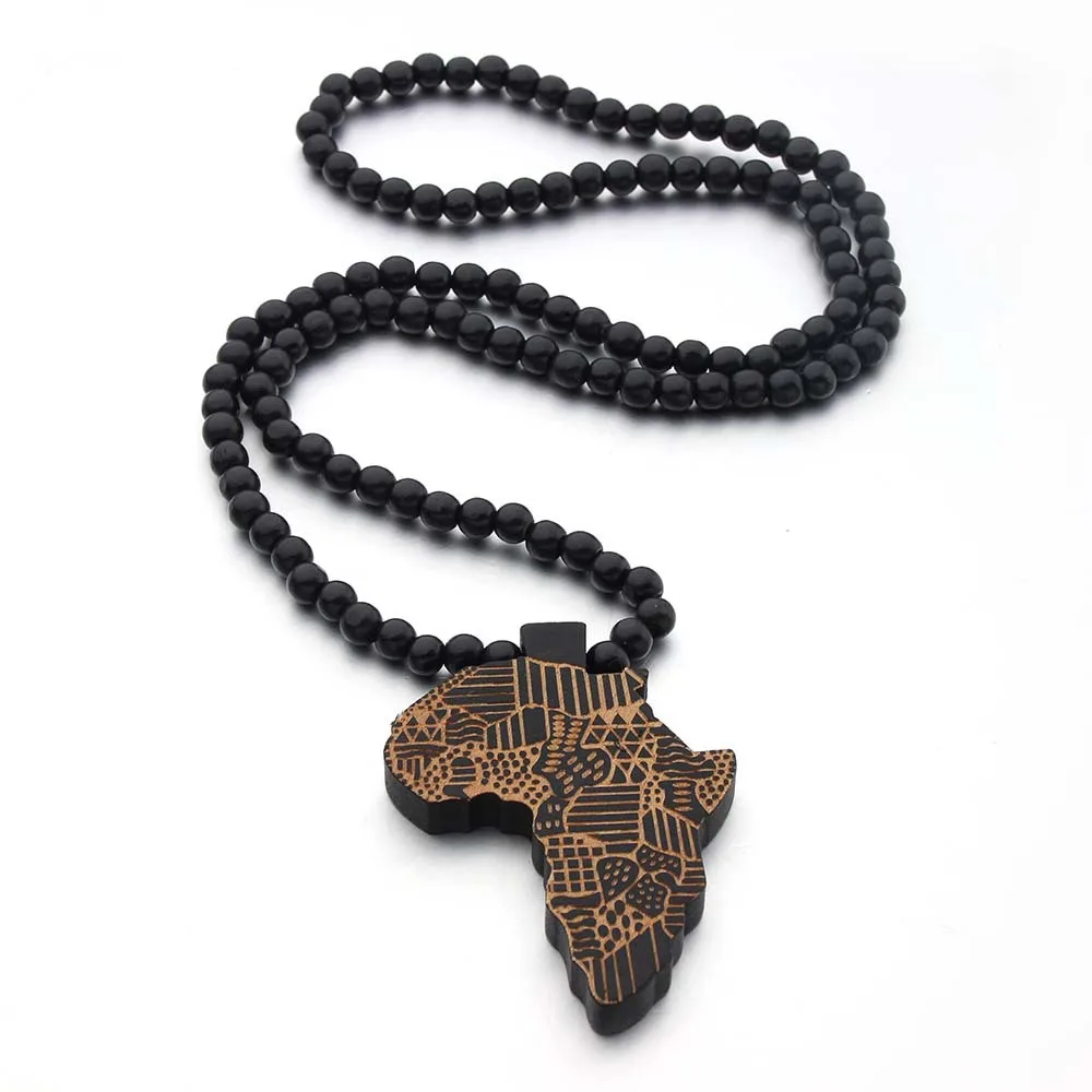 8MM Round Wood Beads Engraved DIY Chain African Map Pendant Necklace For Men Women New Jewelry Neckline Decorate Gift Accessory