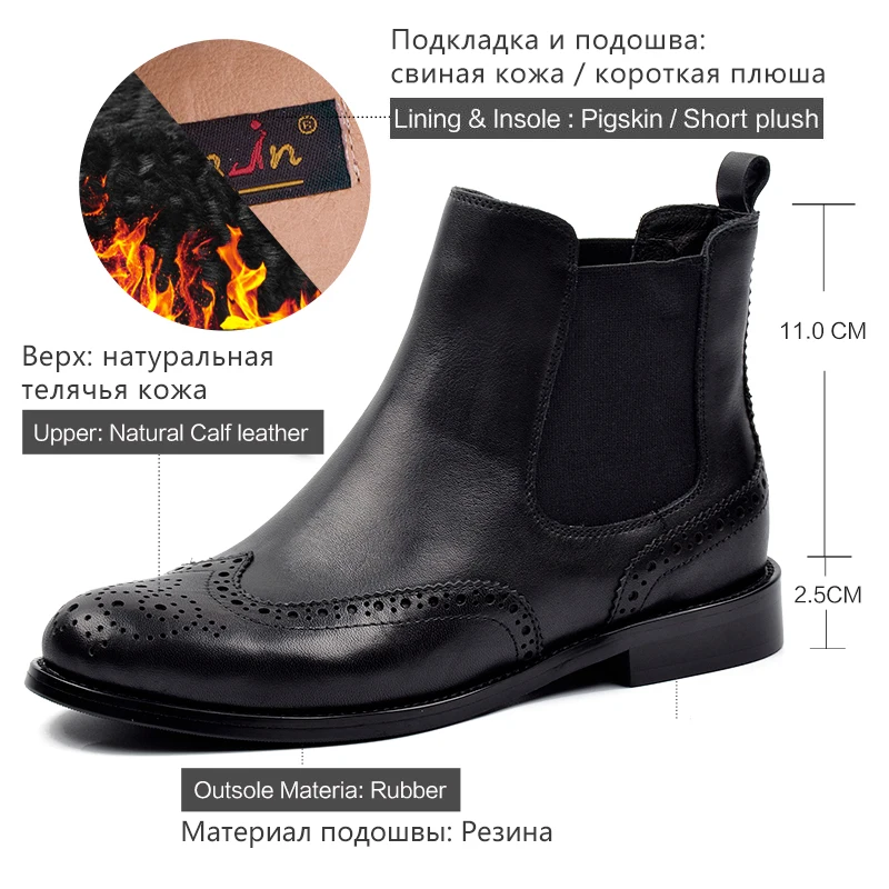 Donna-in Women Black Genuine Leather Boots Carved Ankle Booties Low Heels Ladies Platform Chelsea Boots Autumn Female Shoes