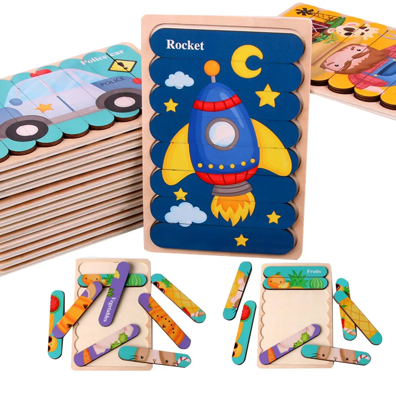 Kid Brain Wooden Toy Double-sided 3D Strip Animal Puzzle Telling Story Stacking Jigsaw Montessori Educational Toy Activity Board