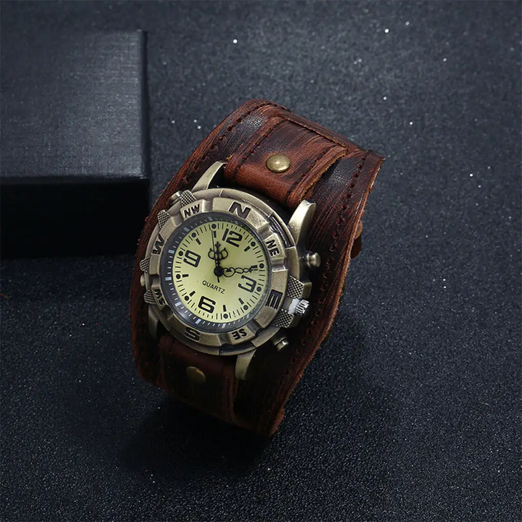 Watch Bracelet Cuff Hybrid Design Genuine Leather Wristwatch for Men Punk Vintage Bracelet Cuff Hybrid Design