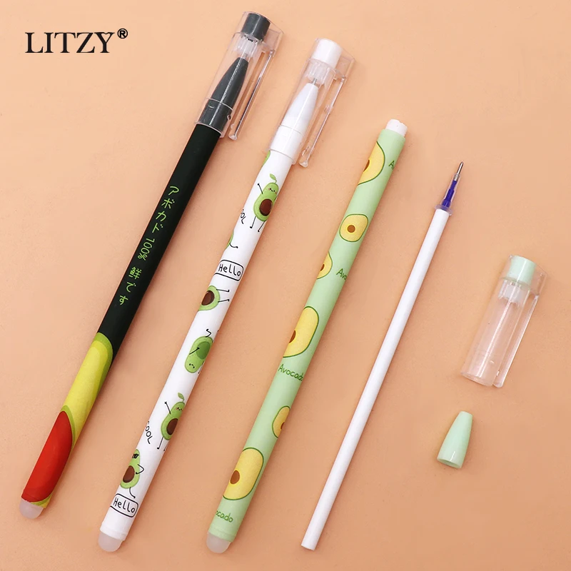 27Pcs/Lot Avocado Erasable Gel Pen Blue Ink 0.5mm Washable Handle Kawaii Stationery Pens Refill Rods for School Writing Tools