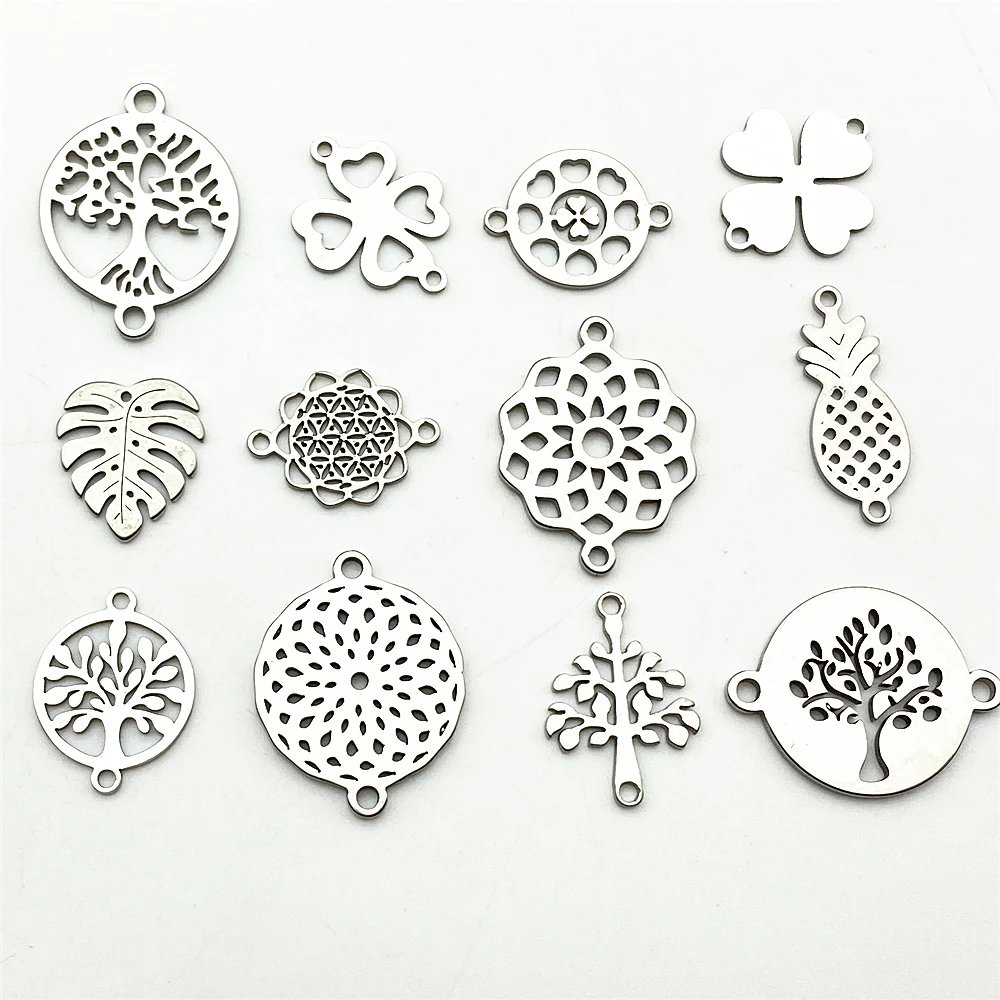 10pcs Mixed 12Types Fashion Tree Flower Charms Connectors Plants Bracelet Clover 100% Stainless Steel Pendant Diy Jewelry Making