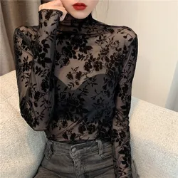 Girls Transparent Corduroy Printing Mesh T-Shirts Tees Female Turtleneck Full Sleeve Tshirt Tops For Women DX2125