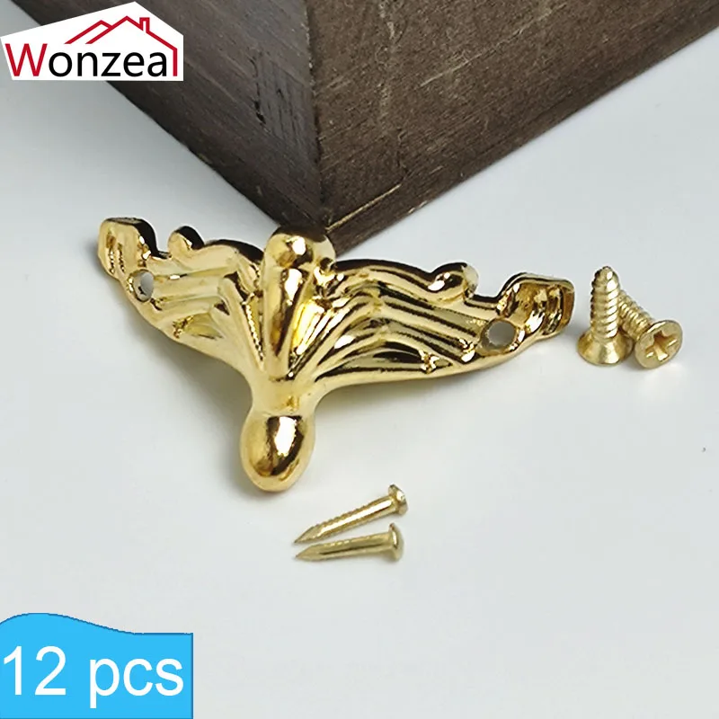 12x Antique Vintage Jewelry Chest Gift Box Wooden Case Brass Decorative Feet Leg Support Metal Corner Protector With Screws