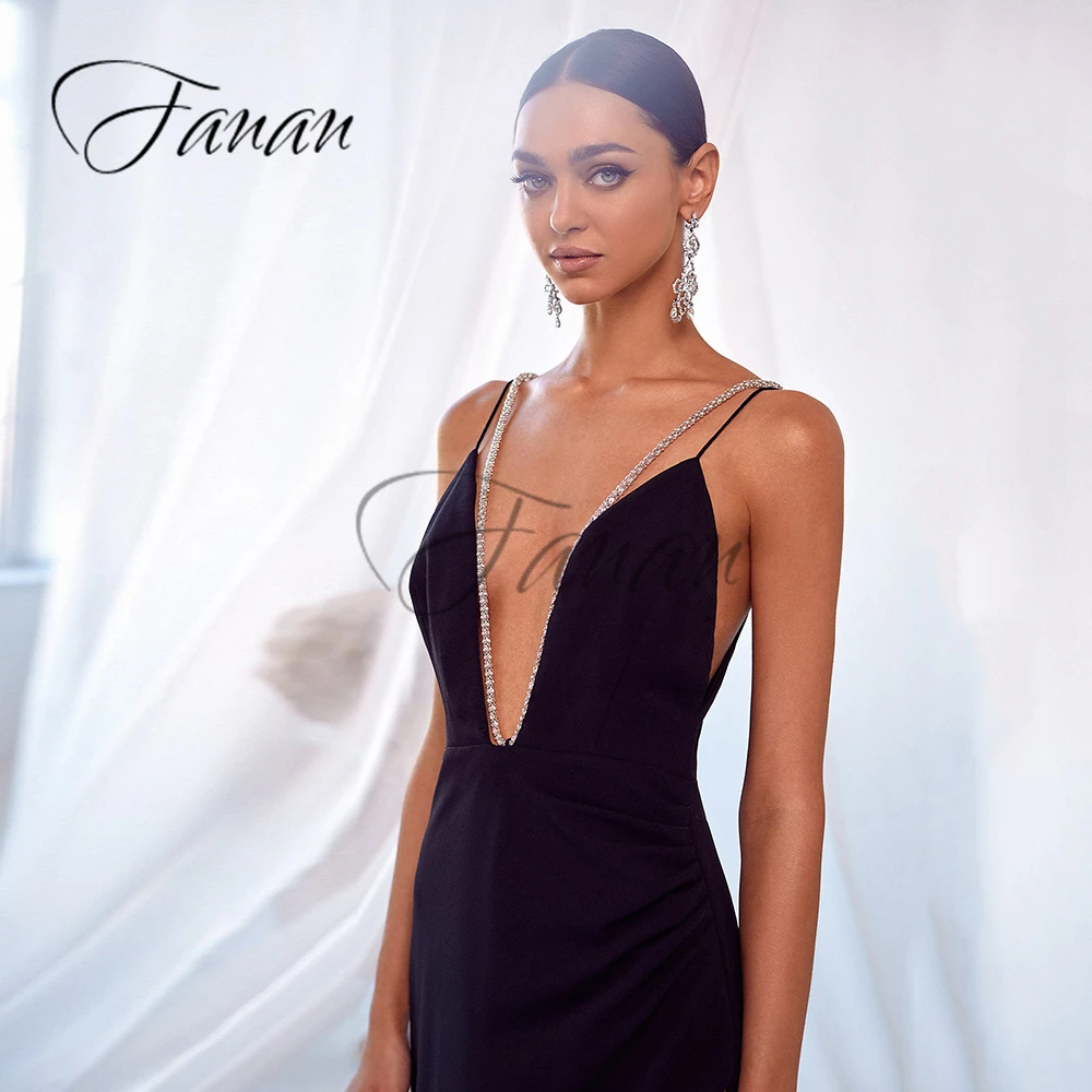 Deep V-Neck Front High Split Evening Dresses Sexy Backless Spaghetti Strap Simple Prom Party Gown robe de soirée femme vestidos