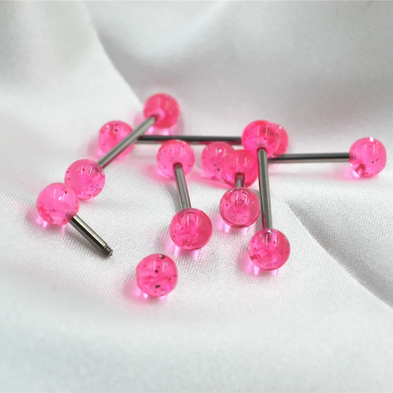 

50pcs/lot Hot Pink Glitter 14G~1.6mm Tongue Ring Bar Nipple Barbells Body Piercing Jewelry Straight Bar Piercing