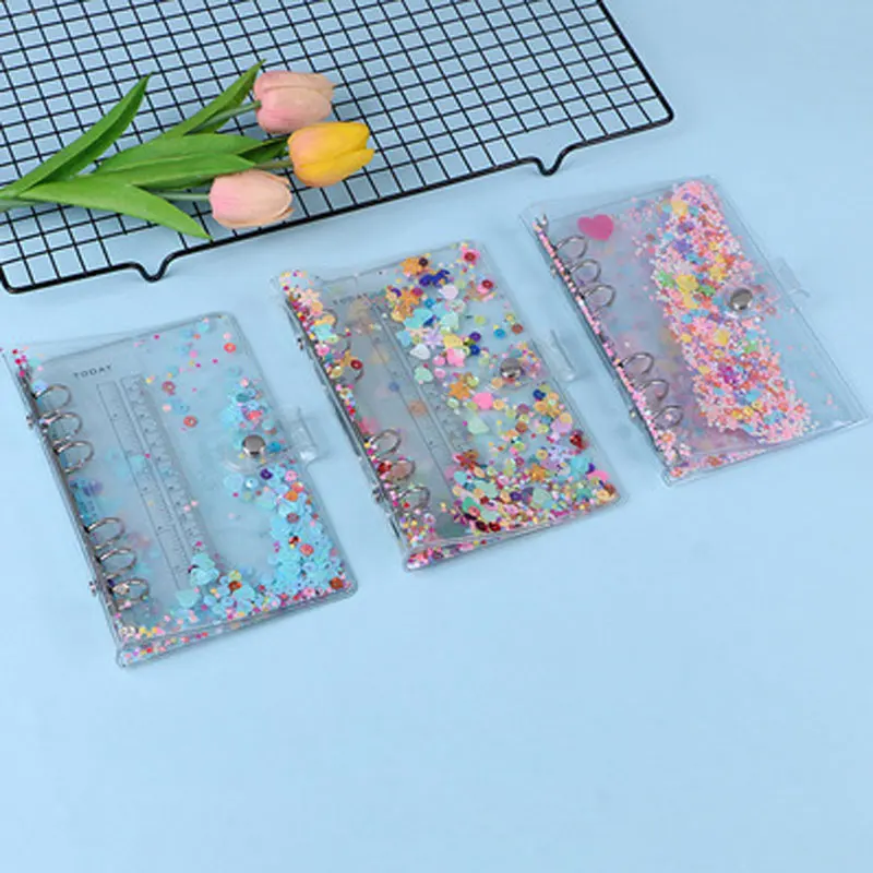 A5/A6 Cute Transparent PVC Glitter Sequins Notebook Cover Office School 6 Rings Binder Spiral Planner Agenda Organizer Notebooks