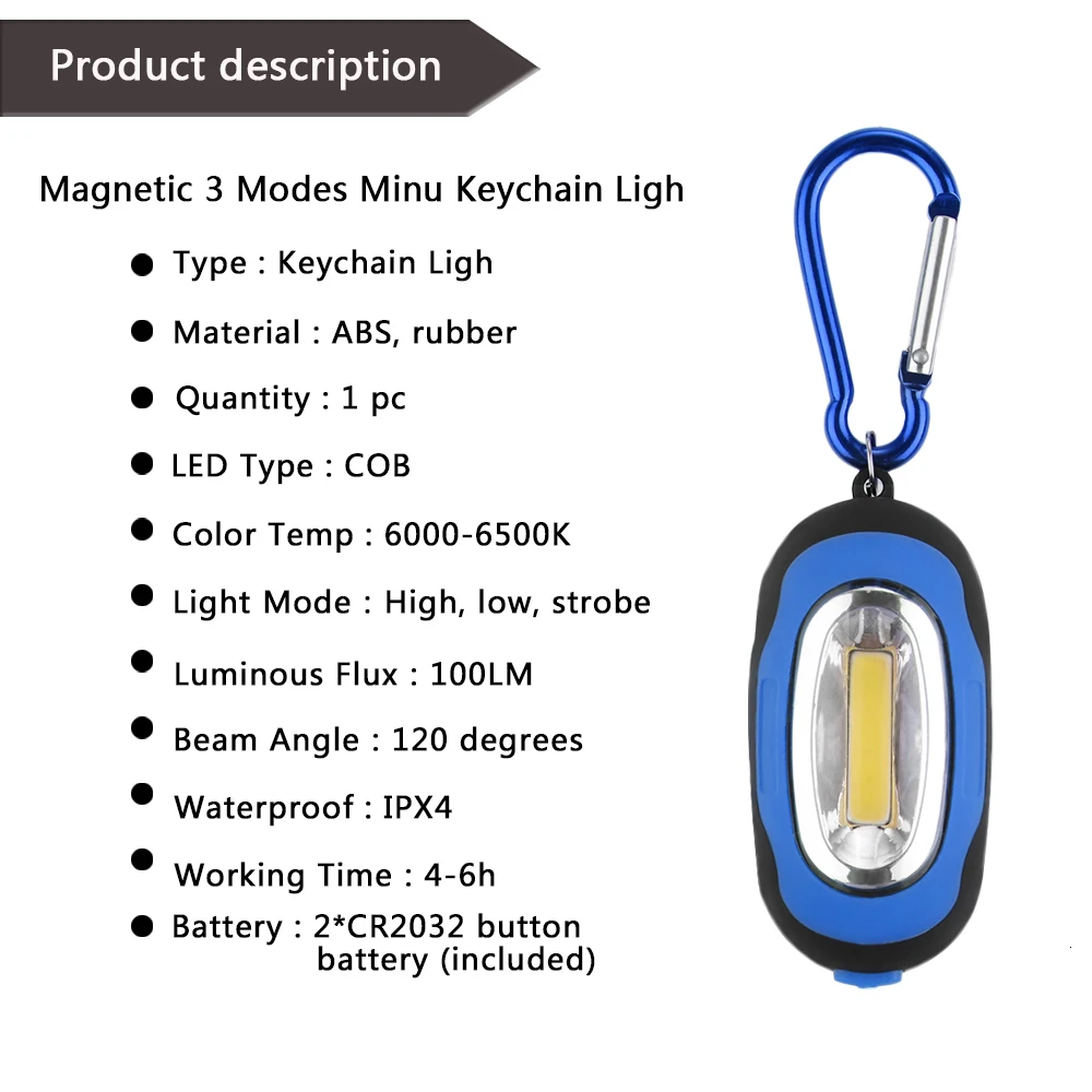 Portable Lighting LED Key Chain Lamp Flashlight Mini 3 Mode Cob  Flash Carabiner Light For Camping Hunting Hiking Fishing Lights