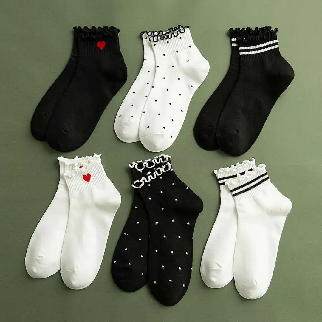 

Women Socks Red Heart Prints Polka Dot Socks Striped White Black Cute Ruffle Short Socks Cotton Casual Sock Ladies Sox For Girls