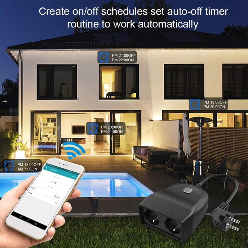 Outdoor Smart Plug Wi-Fi Outlet with 2 Sockets Wireless Remote Control/Timer by Smartphone IP44 Waterproof EU Power Plug