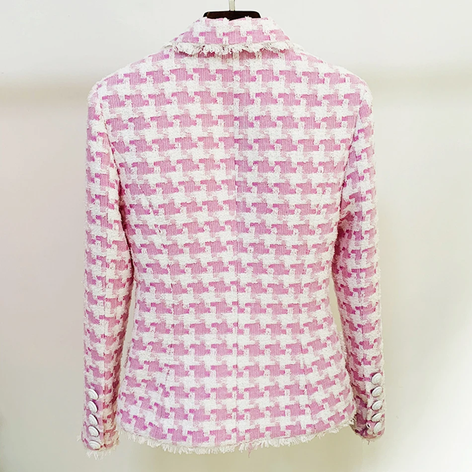 Pink Houndstooth Blazer Women 2024 Autumn Slim Blazer Jacket Female Double Breasted Buttons Ladies Blazers and Jackets