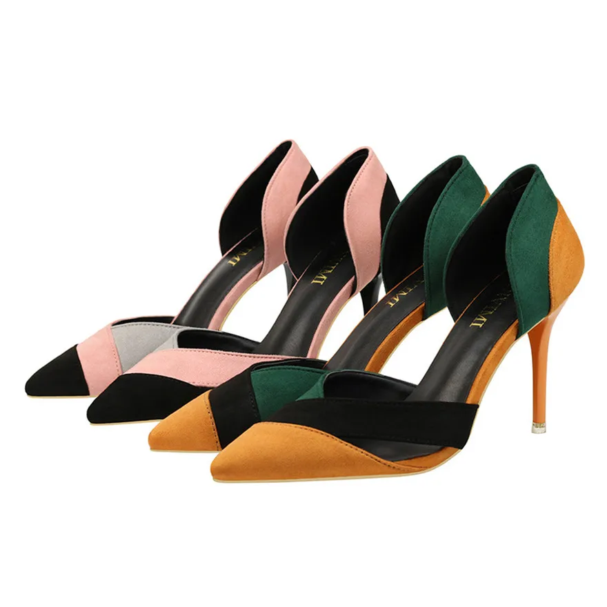 Summer Autumn Women Pumps Fashion High Heels Lady Dress Shoes Green Pink Female Flock Pointy Toe Sexy Hollow Woman Sandals Party