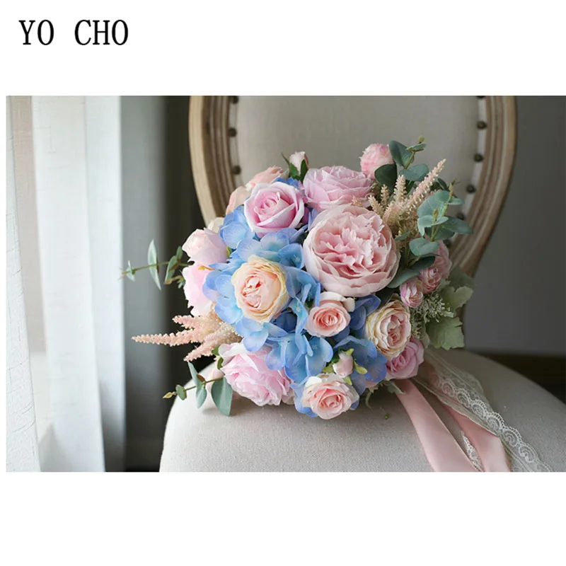 YO CHO Braut Hochzeit Bouquet Handgemachte Künstliche Seide Rose Hortensien Blume Rosa Blau Luxuriöse Bouquets Hochzeit Liefert