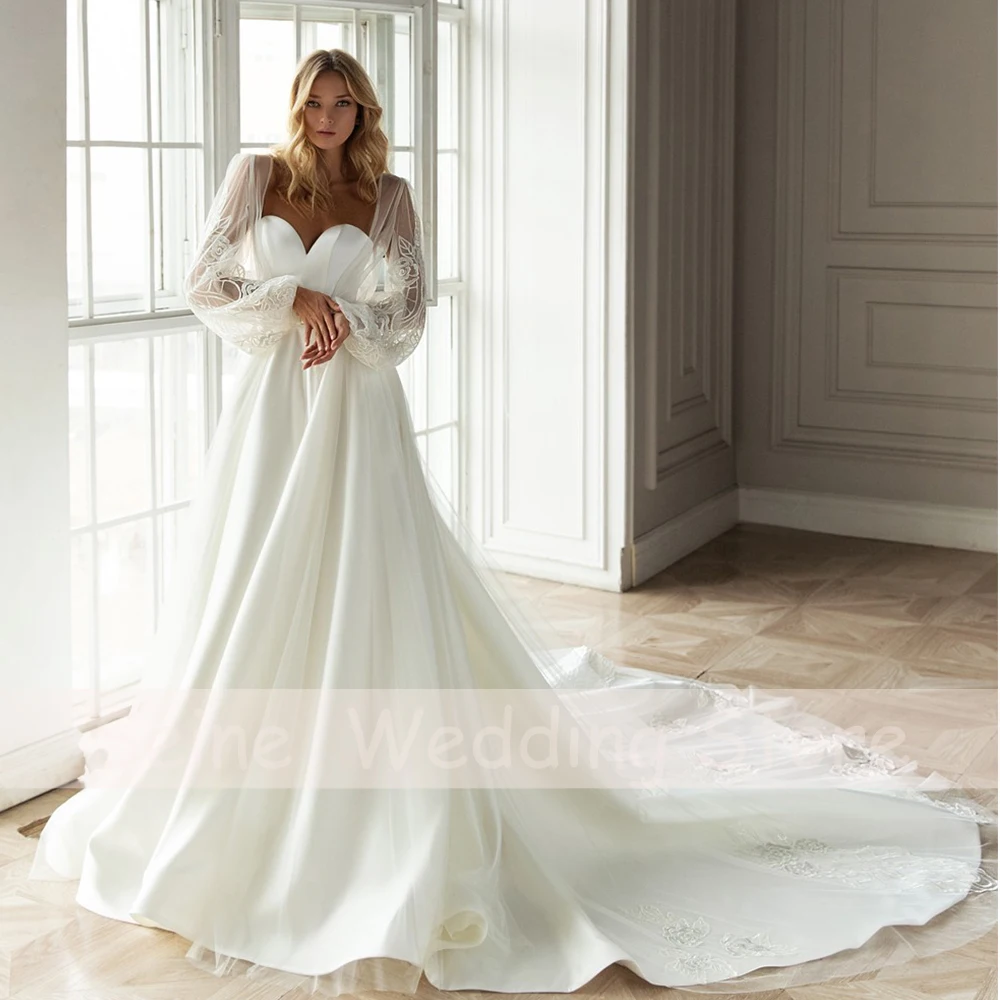 Robes de mariée à manches bouffantes, longueur au sol, satin blanc, quelle que soit la dentelle appliquée, train de balayage, robe de mariée, chérie, nouveau, 2022