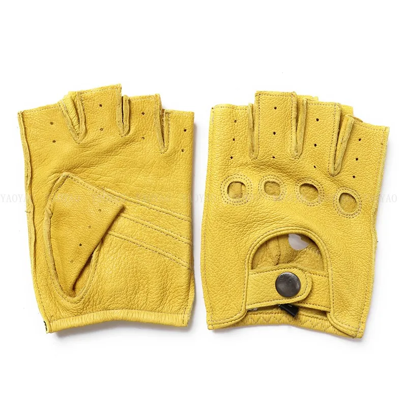 Male100% Genuine Leather Half Finger Short Gloves Men Real Sheep Skin Yellow/Brown/Black Driving Riding Thin Deri Eldiven Luva