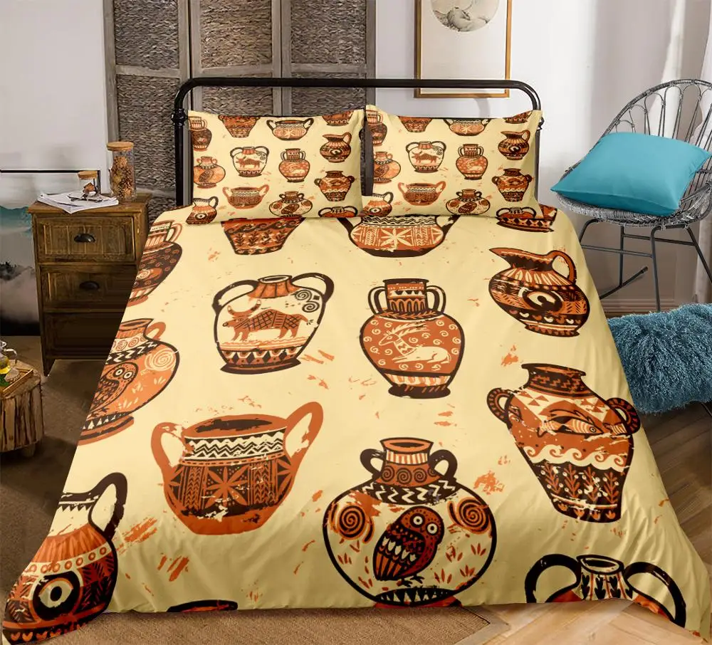 African Bedding Set Animal Retro Duvet Cover Set Exotic Civilization Bedlinen Brown Bottle and Jar Bedclothes 3pcs