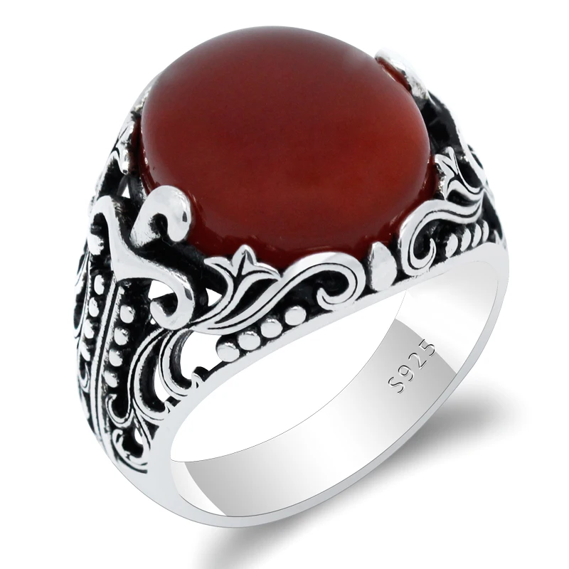 

Male Ring 925 Sterling Silver Red Natural Agate Stone Badges Waves Crown Punk Style Ring for Men Party Jewelry Wedding Ring