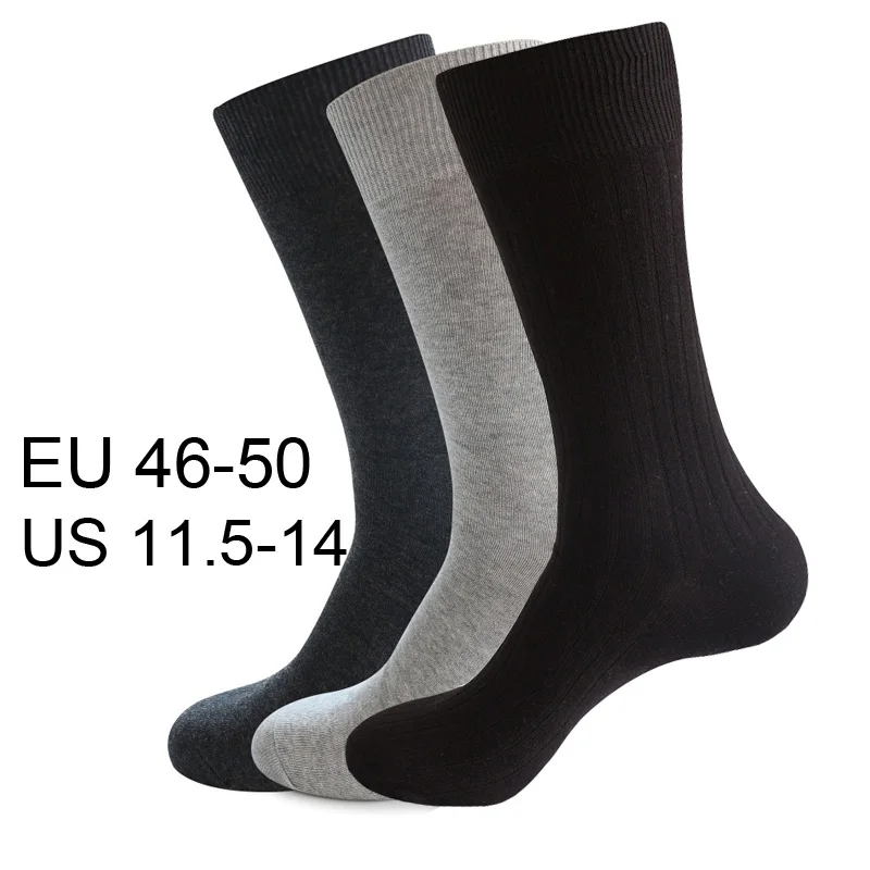 High Quality 10 pcs=5 Pairs Comb Cotton Men Dress Socks Plus Size Black Long Business Classic Solid Color Socks 46 47 48 49 50