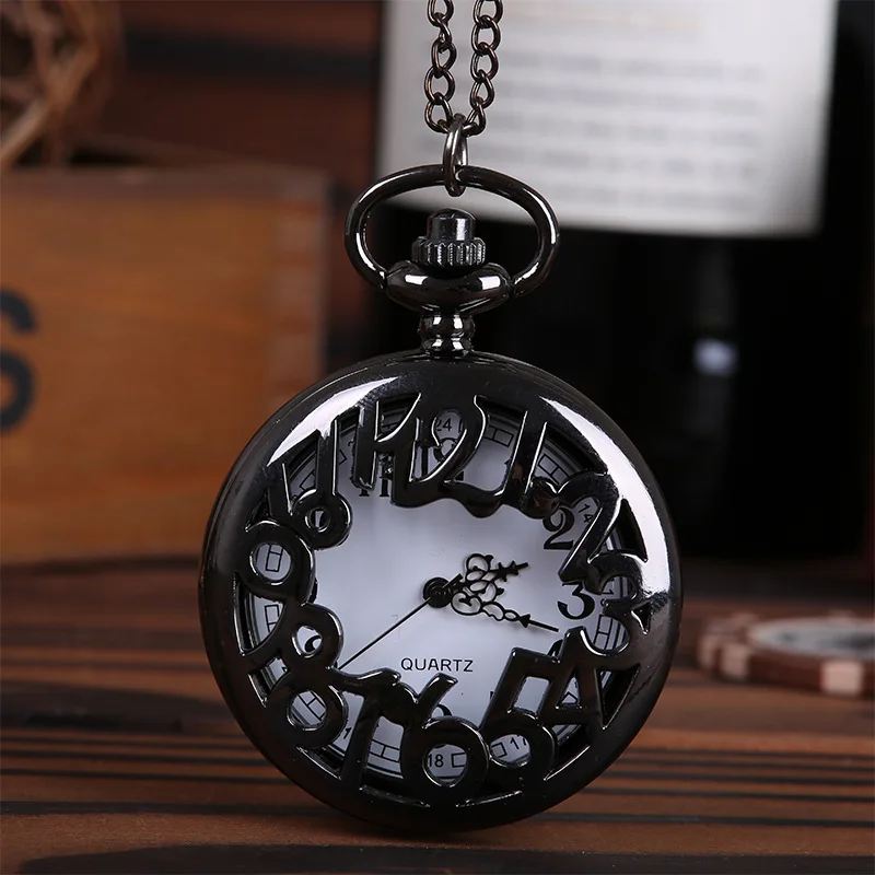 

8825Black Craved with Big Arabic Vintage CreativeNumeralsDesign Fashion Quartz Pocket Watch with Necklace Chain