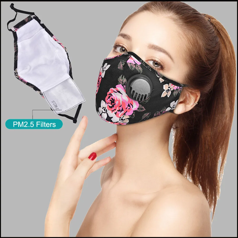 BYEPAIN Woman Fashion Floral Printed Mask 3D Handmade Dustproof Safety Breathing Mouth Cover with Filter Pocket