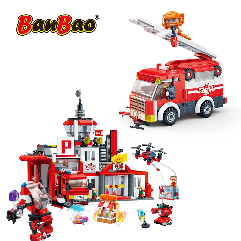 BanBao Fire Station Classic Model Blocks City Construction Firetruck Building Bricks Educational Toys For Child Gifts 7131