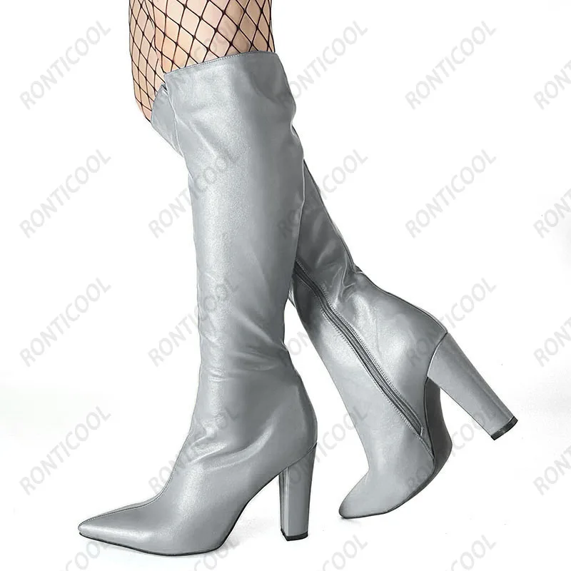 Ronticool New Women Winter Knee Boots Side Zipper Block Heels Pointed Toe Elegant Black White Office Shoes Plus US Size 5-15