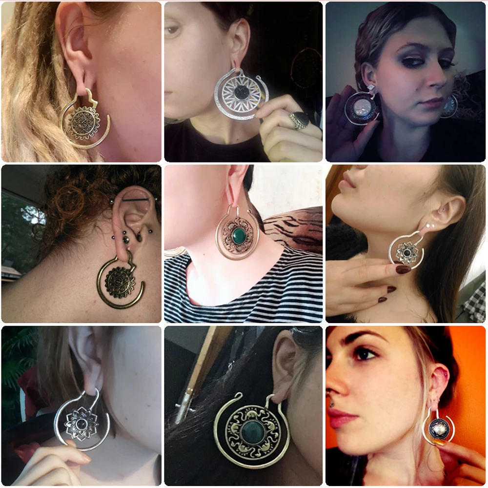 2pcs Solid Brass Stone Ear Weight Vintage Indian Tribal Style Hoop Earrings Lobe Piercings Gauges Expander Unisex Body Jewelry