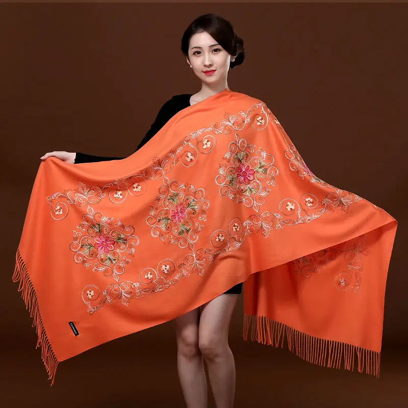 Jewel blue shawl autumn and winter new scarf soft wild oversized cashmere embroidery flower shawl ladies tassel Warm shawl