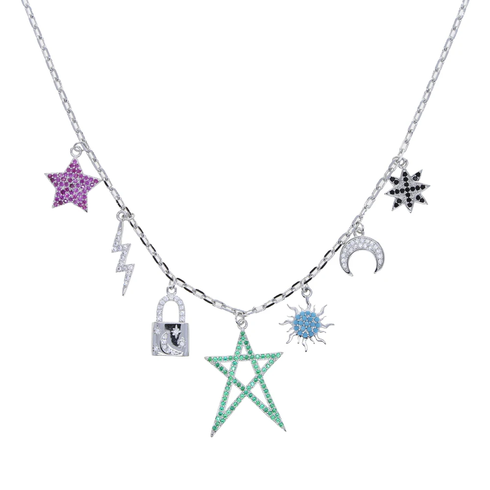 Lady Lightning Lock Charm Necklaces Paved Full Shiny CZ with Tiny Star Moon Pendant for Cute Girl Fine Jewelry