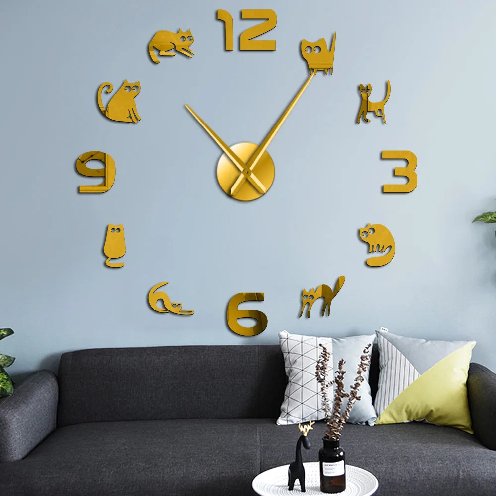 Cute Pussy Cats Wall Art Numbers Stickers DIY Large Wall Clock Kitty Kitten Meow Pets Cat Lover Home Decor Frameless Clock Watch