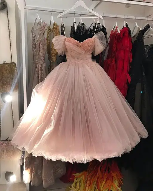 Abiti da ballo rosa principessa paillettes abito con spalle scoperte Sweetheart Bowknot abito da ballo abito di cristallo abito da donna in Tulle abito Midi