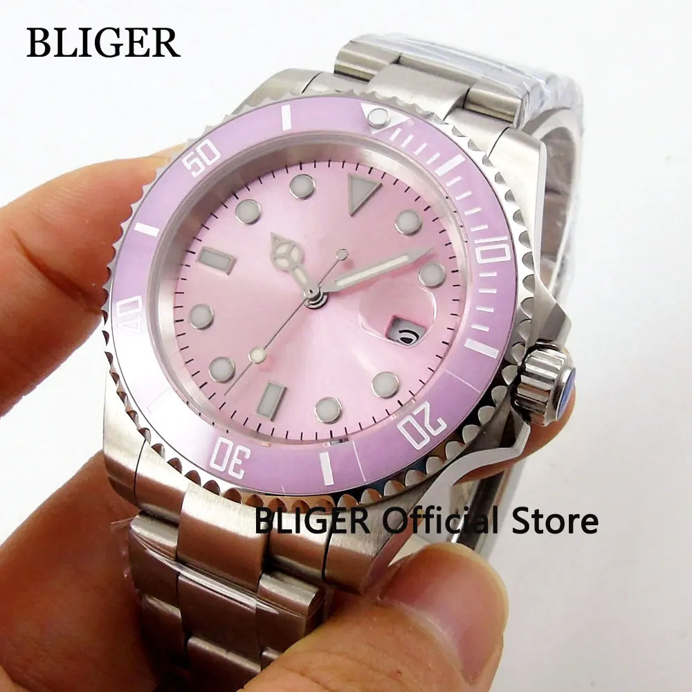 BLIGER 40mm Pink Sterile Dial Luminous Sapphire Glass Ceramic Bezel Insert MIYOTA Automatic Movement Men\'s Watch Men